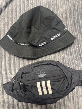 adidas Black Bucket Hat and Black Waist Pack with White Logos